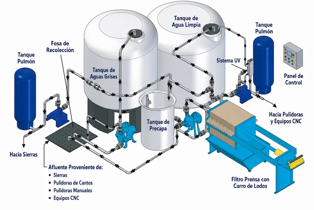 Diagrama de flujo de sistema Beckart en el proceso de corte de corte y pulido de mármol y granito